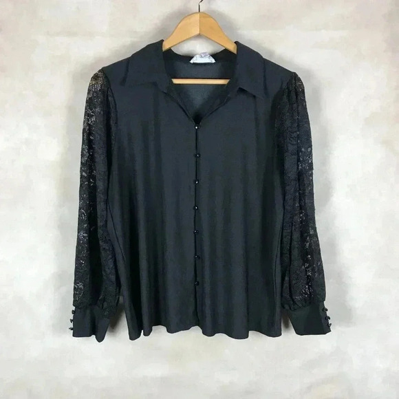 RIO & RIAN Stretchy Button Front Blouse with Lace Sleeves Large - Picture 1 of 9